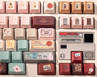 Grand Budapest–Inspired Keycaps | Vintage Hotel Keyboard Set | Pastel Pink Film Art Mechanical Keycaps