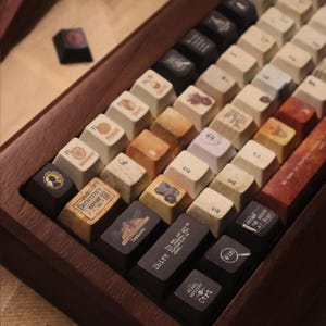 May include: A mechanical keyboard with a dark wood frame and custom keycaps featuring vintage-style illustrations, detective-themed graphics, and text including "Detective's Report," "Shift," "Win," and "Ctrl" in a mix of cream, brown, and black colors.