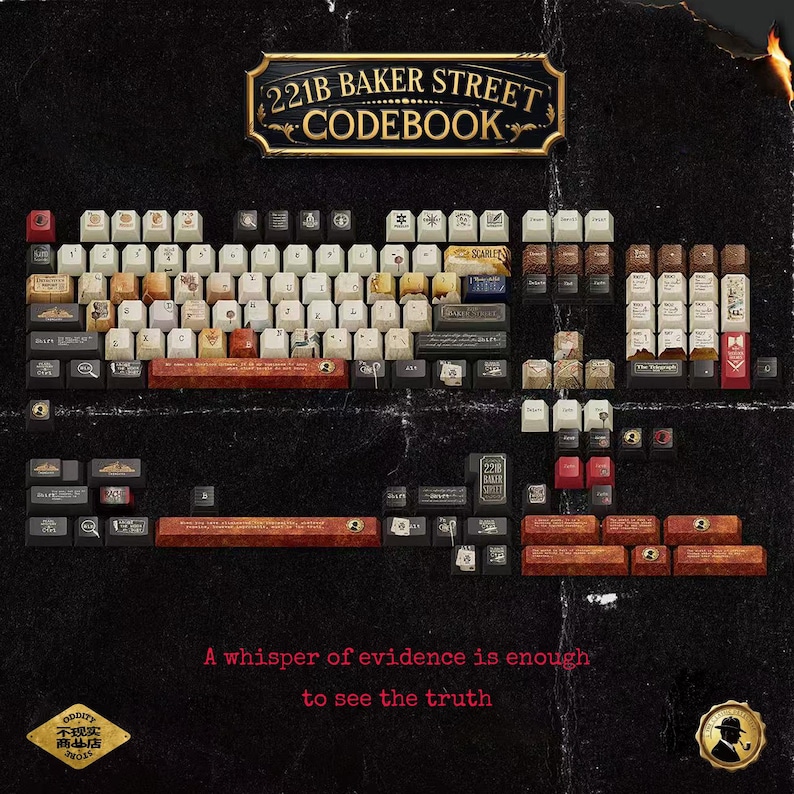 May include: A mechanical keyboard keycap set themed 221B Baker Street Codebook. The set includes cream, brown, and black keys with various illustrations and text. A sign at the top reads 221B BAKER STREET CODEBOOK and text at the bottom reads A whisper of evidence is enough to see the truth.