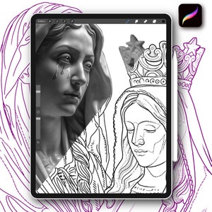 12x Procreate Mother Mary tattoo stamps brushes set for tattoo designer coloring pages with references and stencil for tattoo artist drawing