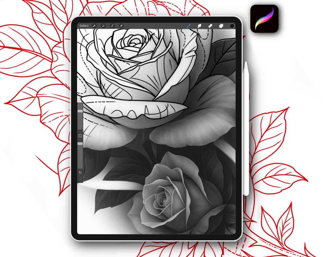 50x Procreate Roses Tattoo Stamps Brush Set for Tattoo Designs Coloring ...