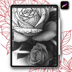 50x Procreate roses tattoo stamps brush set for tattoo designs coloring pages with references and stencil for tattoo artist drawing shading