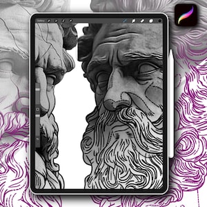 12xProcreate Poseidon tattoo stamps brushes set for designer coloring pages with references hand drawn stencil instant digital download Zeus