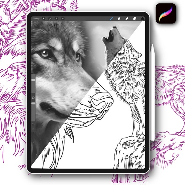 12x Procreate Wolf tattoo stamps brushes set for designer coloring pages with references hand drawn stencil instant digital download