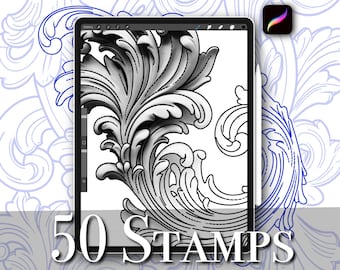 50x Procreate Ornamental tattoo stamps brushes set for tattoo designer coloring pages with references and stencils for tattoo artist drawing