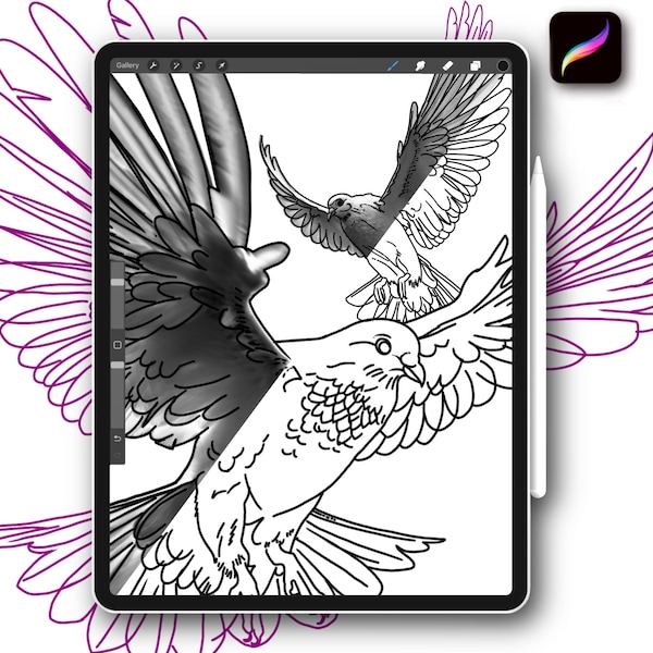 22x Procreate bird dove tattoo stamps brush set for tattoo designs coloring pages and stencil for tattoo artists instant digital download