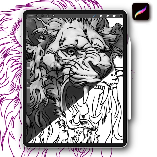 12x Procreate Lion corona tatuaje sellos cepillos conjunto para páginas para colorear de diseñador con referencias plantilla dibujada a mano descarga digital instantánea