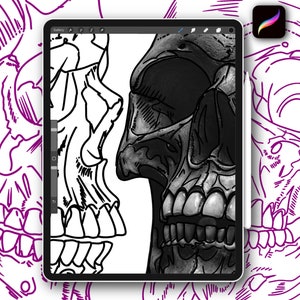 10x Procreate skull tattoo stamps brushes set for designer coloring pages with references hand drawn stencil instant digital download