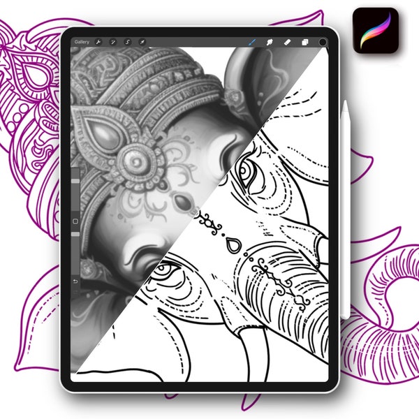 8x Procreate Buddha elephant tattoo stamps brushes set for designer coloring pages with references and stencil instant digital download