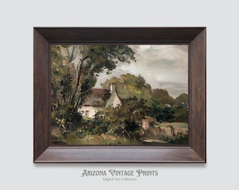 AFDRUKBARE - zomerhuisje | Vintage olieverfschilderij | Rustieke boerderijkunst | Liggende afdruk | Digitale download - LS079