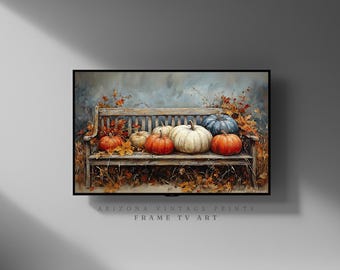 Op de afbeelding: Een digitaal schilderij van een houten bank versierd met pompoenen in verschillende kleuren: oranje, wit en blauw. Herfstbladeren en bladeren omringen de bank en creëren een seizoensgebonden display. De tekst "ARIZONA VINTAGE PRINTS FRAME TV ART" staat onderaan.