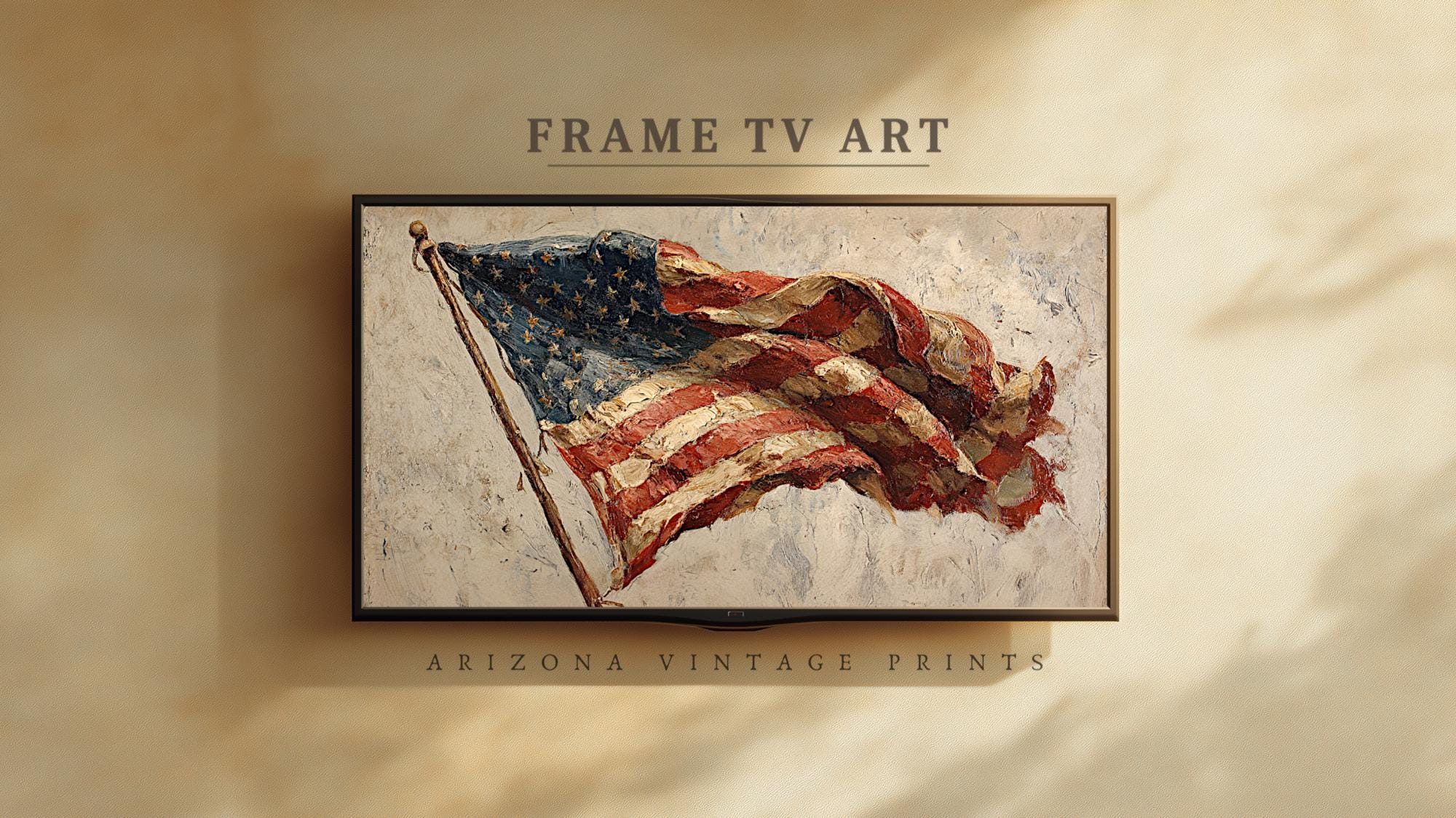 Frame TV Art: Vintage American Flag Oil Painting | Rustic