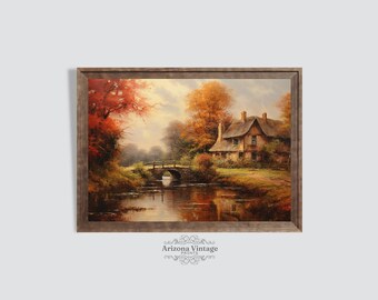 PRINTABLE Vintage French Farmhouse in Autumn - Antique Landscape Painting | Warm and Neutral Colors Oil Painting | Digital Download - LS017