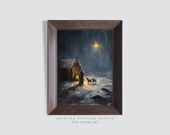 May include: A framed painting depicting a nativity scene with a small wooden hut, three figures, and two sheep. The scene is set at night with a bright star shining in the sky. The painting is in a dark wood frame.
