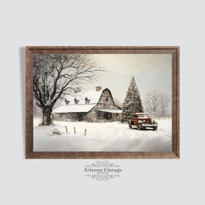 Impresión vintage de granero navideño: Granja nevada en invierno (descarga digital)