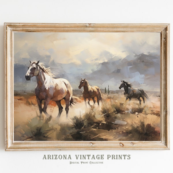 PRINTABLE Wild Horses in Desert Landscape Impressionist Digital Print | Neutral Color Tones Oil on Canvas Style | Digital Download - SW096