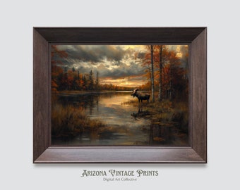 Rustic Moose Lake Oil Painting: Farmhouse Landscape Art (Digital Download)