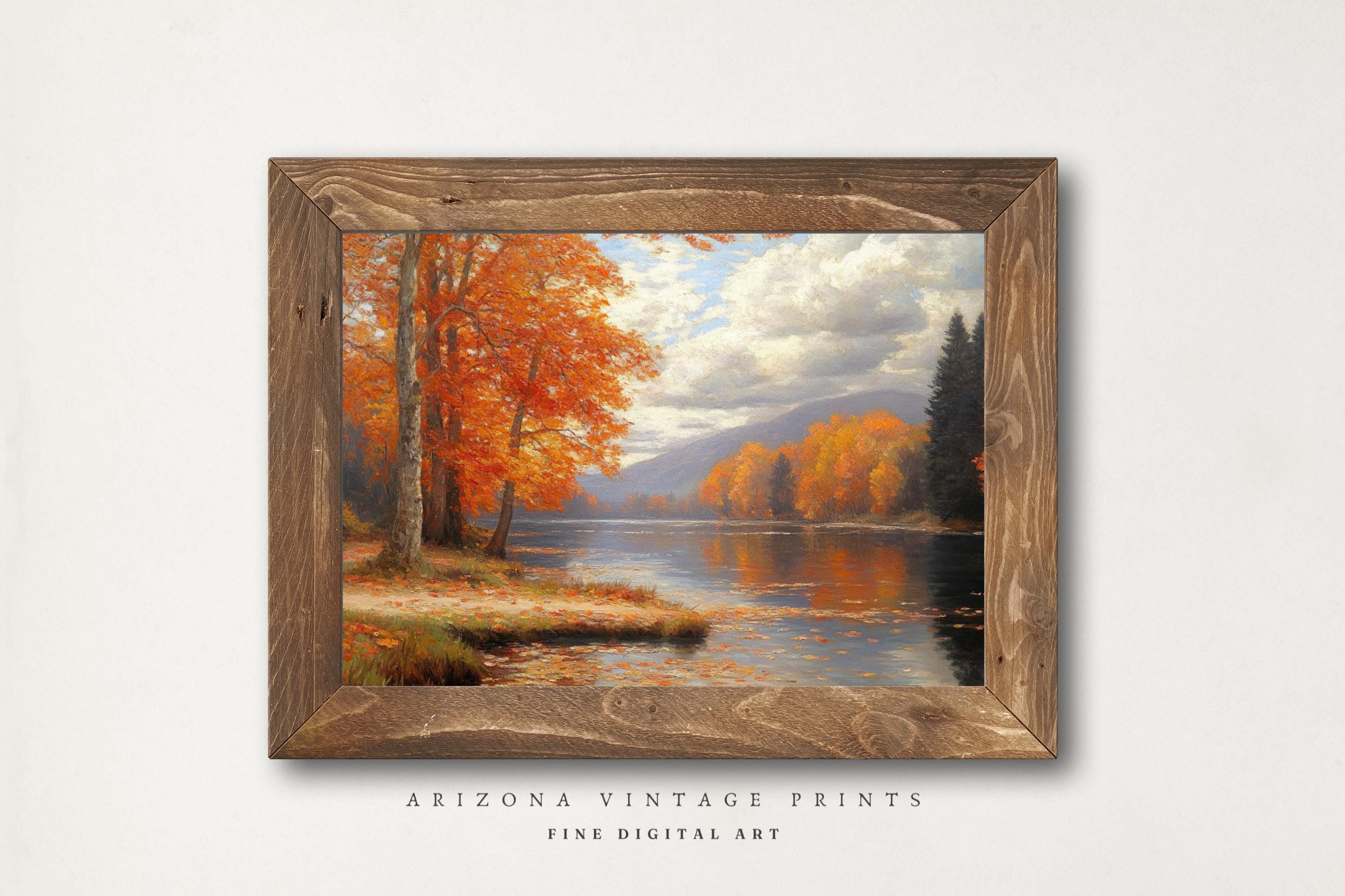 印刷可能 - 素朴な秋の湖 | 印象派の油絵 | ビンテージ農家