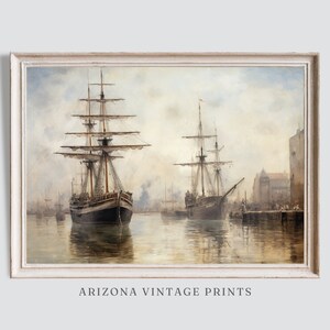 PRINTABLE Passenger Ships Sailing Into Port | Vintage European Art | Neutral Tones Impressionist Style Painting | Digital Download - NP007