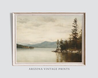 Antique Autumn Lake Painting: Neutral Impressionist Landscape (Digital Download)