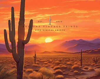 Vintage Arizona Desert Sunset Painting: Warm Color Landscape Art