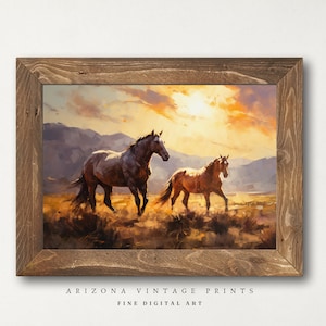 PRINTABLE Wild Horses in the Desert at Sunset Digital Print | Warm Color Tones Oil on Canvas Style | Digital Download - SW104