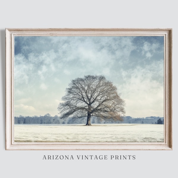 PRINTABLE Lone Tree Winter Landscape Vintage Print | Rustic Farmhouse Country Art | Cool Color Tones | Digital Download - LS027