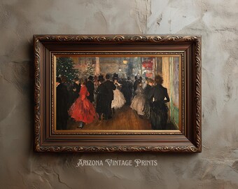 May include: A framed vintage print depicting a ballroom scene with figures in formal attire. The artwork features a woman in a red dress, surrounded by other dancers. The frame is ornate with a dark brown finish. The text "Arizona Vintage Prints" is at the bottom.