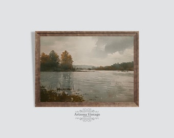 PRINTABLE - Lakeside Autumn Landscape | Antique Watercolor Painting | Vintage Farmhouse Art | Landscape Print | Digital Download - LS069