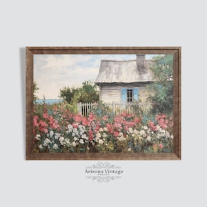Vintage Summer Cottage Painting: Impressionist Floral Lake Scene (Digital Download)