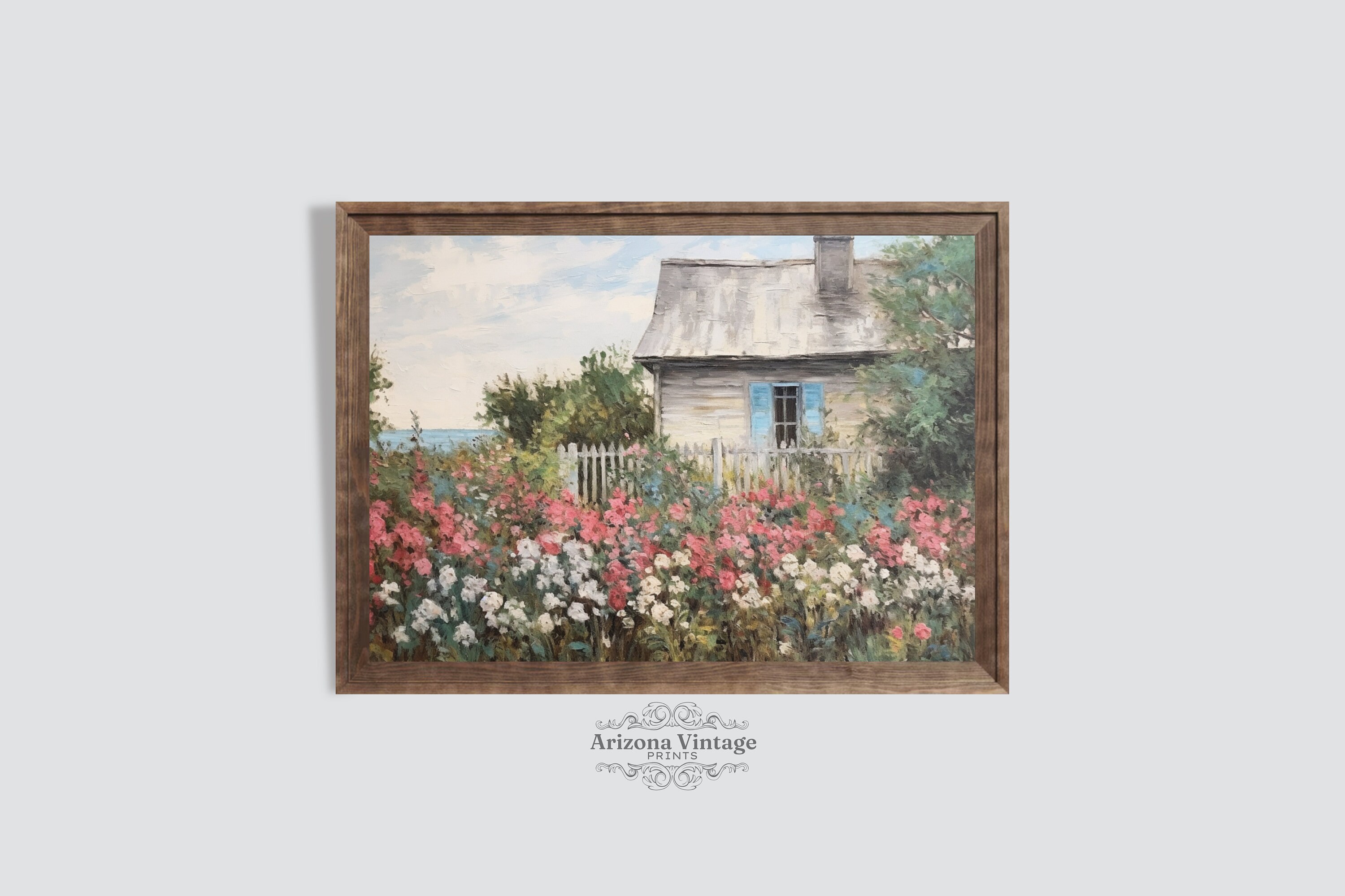AFDRUKBARE Vintage zomerhuisje met bloemen aan het meer | Koele kleurtinten impressionistische stijl schilderij | Digitale download - LS005