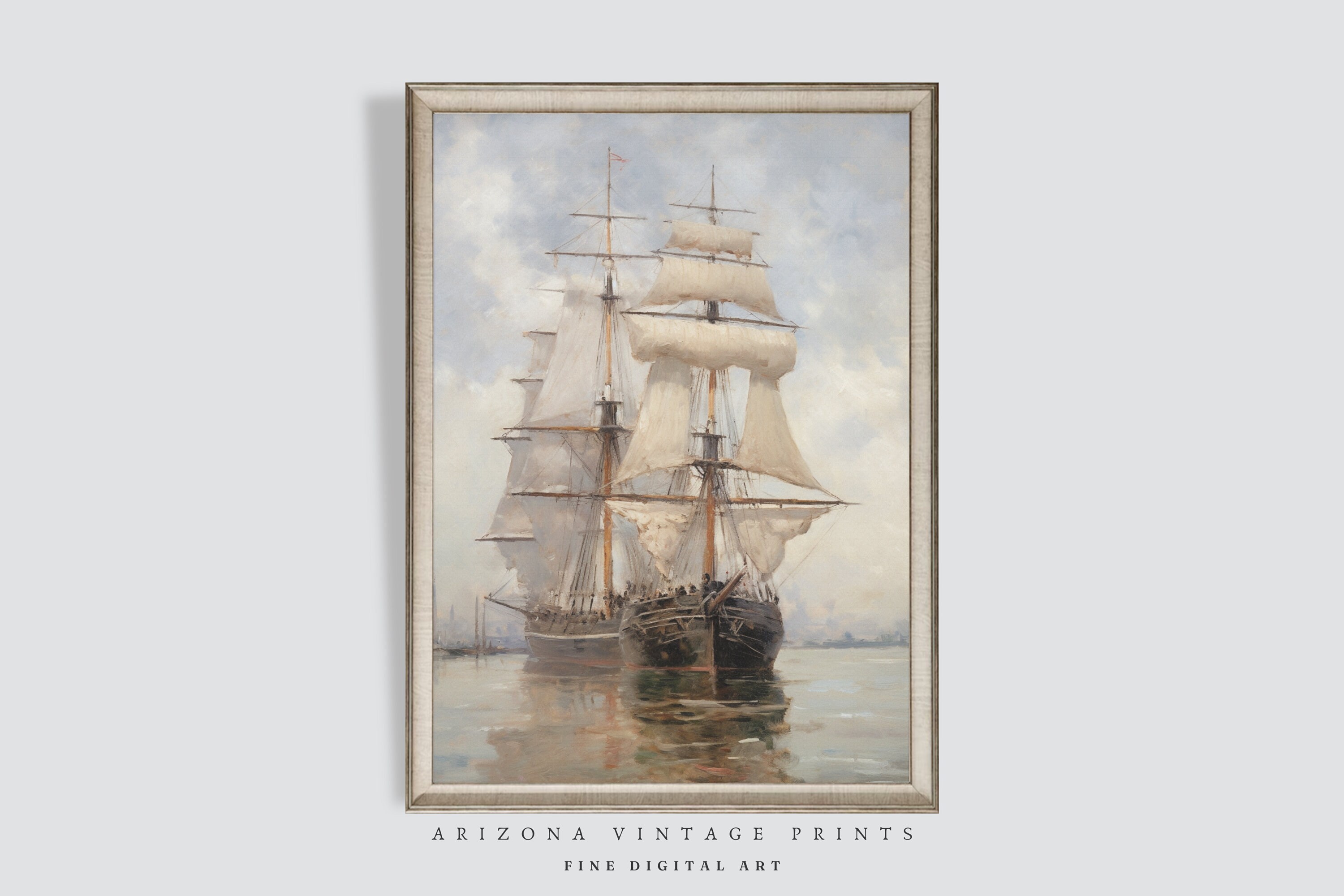 フランスの大型帆船の版画：ヴィンテージ印象派絵画（デジタル