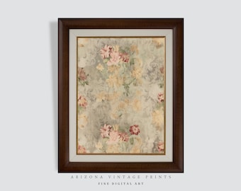 May include: A framed print of a vintage floral pattern with pink and red flowers on a light green background. The frame is brown wood with a gold inner border. The text "ARIZONA VINTAGE PRINTS FINE DIGITAL ART" is at the bottom of the image.