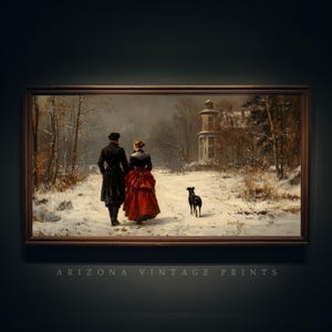 May include: A framed vintage print depicts a couple walking in a snowy landscape with a black dog. The woman wears a red dress, and the man wears a black coat. Bare trees and a house are in the background. The text "ARIZONA VINTAGE PRINTS" is at the bottom.