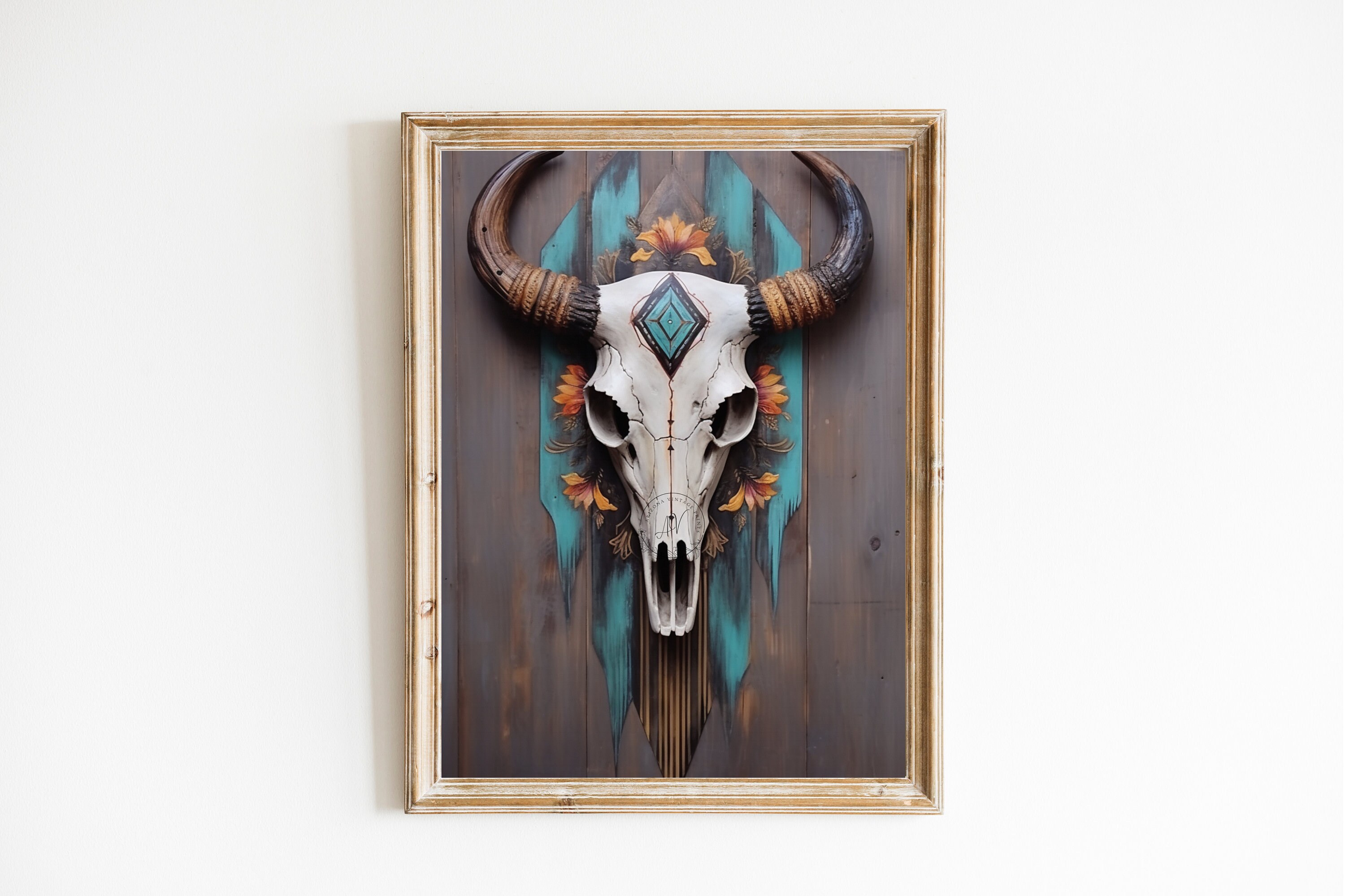 ヴィンテージバイソンスカルアートプリント：ネイティブアメリカンの