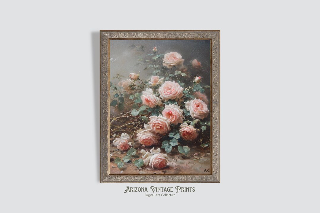 Pink Rose Bouquet Antique Oil Painting: Vintage Floral Still Life Print ...