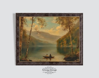 Antik oljemålning i fiskesjö: Vintage impressionistisk konst (digital nedladdning)