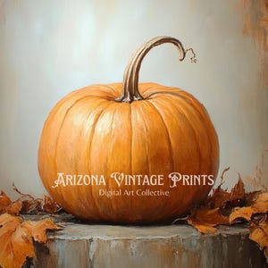 May include: A single orange pumpkin sits on a textured, brown surface with a few brown leaves around it. The pumpkin has a long, curved stem. The background is a light gray with a brown tint.
