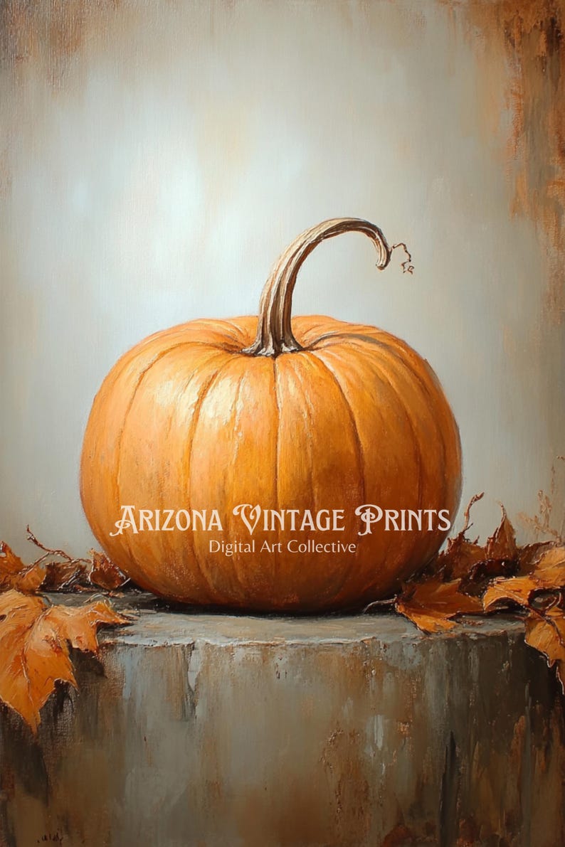 May include: A single orange pumpkin sits on a textured, brown surface with a few brown leaves around it. The pumpkin has a long, curved stem. The background is a light gray with a brown tint.