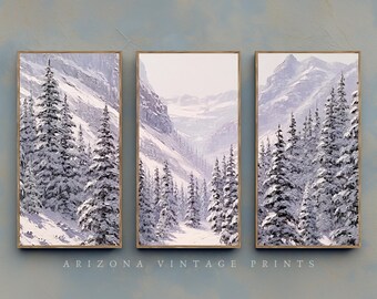 Triptych Winter Pine Tree Painting: Vintage Rustic Landscape Art (Digital Download