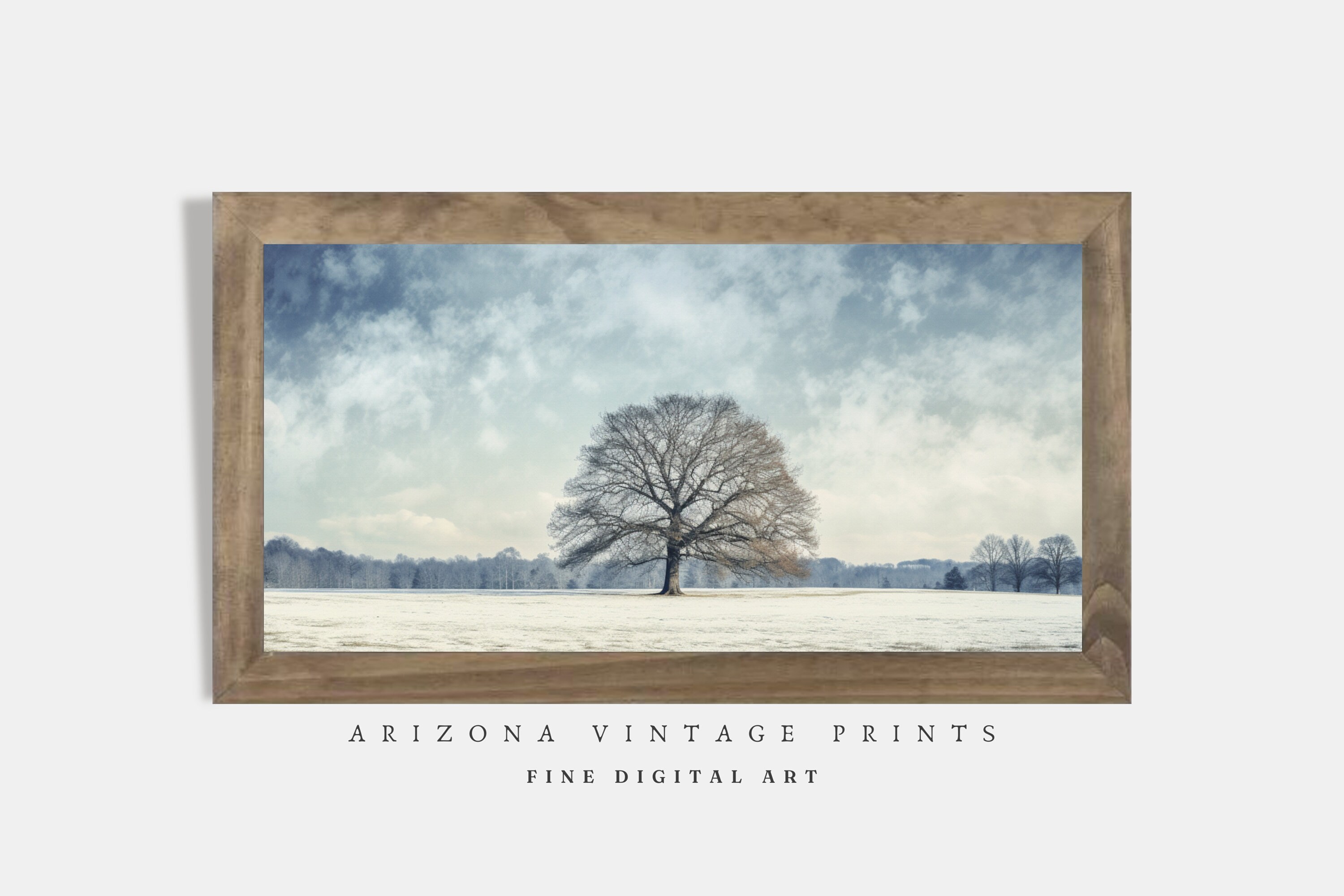 Winter Landscape Print: Rustic Lone Tree Farmhouse Art (digital