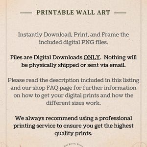 May include: A digital download for printable wall art. The text reads "Arizona Vintage Prints Digital Art Collective Printable Wall Art Instantly Download, Print, and Frame the included digital PNG files. Files are Digital Downloads ONLY. Nothing will be physically shipped or sent via email. Please read the description included in this listing and our shop FAQ page for further information on how to get your digital prints and how the different sizes work. We always recommend using a professional printing service to ensure you get the highest quality prints. Fine Digital Prints Est. 2020 Arizona Vintage Prints Digital Print Collective"