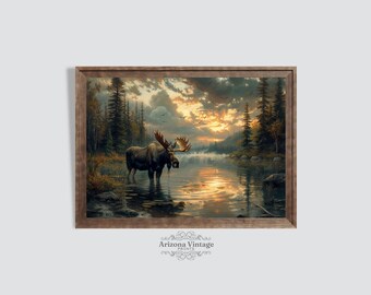 Moose Lake Sunrise Oil Painting: Rustic Farmhouse Art (Digital Download)