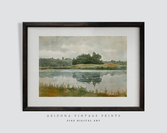印刷可能 - 湖畔の風景 | アンティーク水彩画 | ビンテージ農家アート | 風景プリント | デジタルダウンロード - LS070