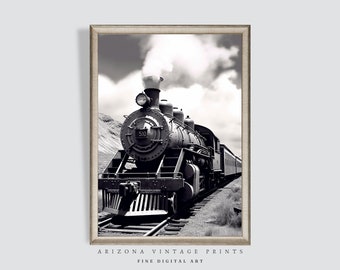 PRINTABLE Antique Wood Burning Locomotive with Desert Landscape Print | Vintage Southwest Art | Black and White | Digital Download - SW021