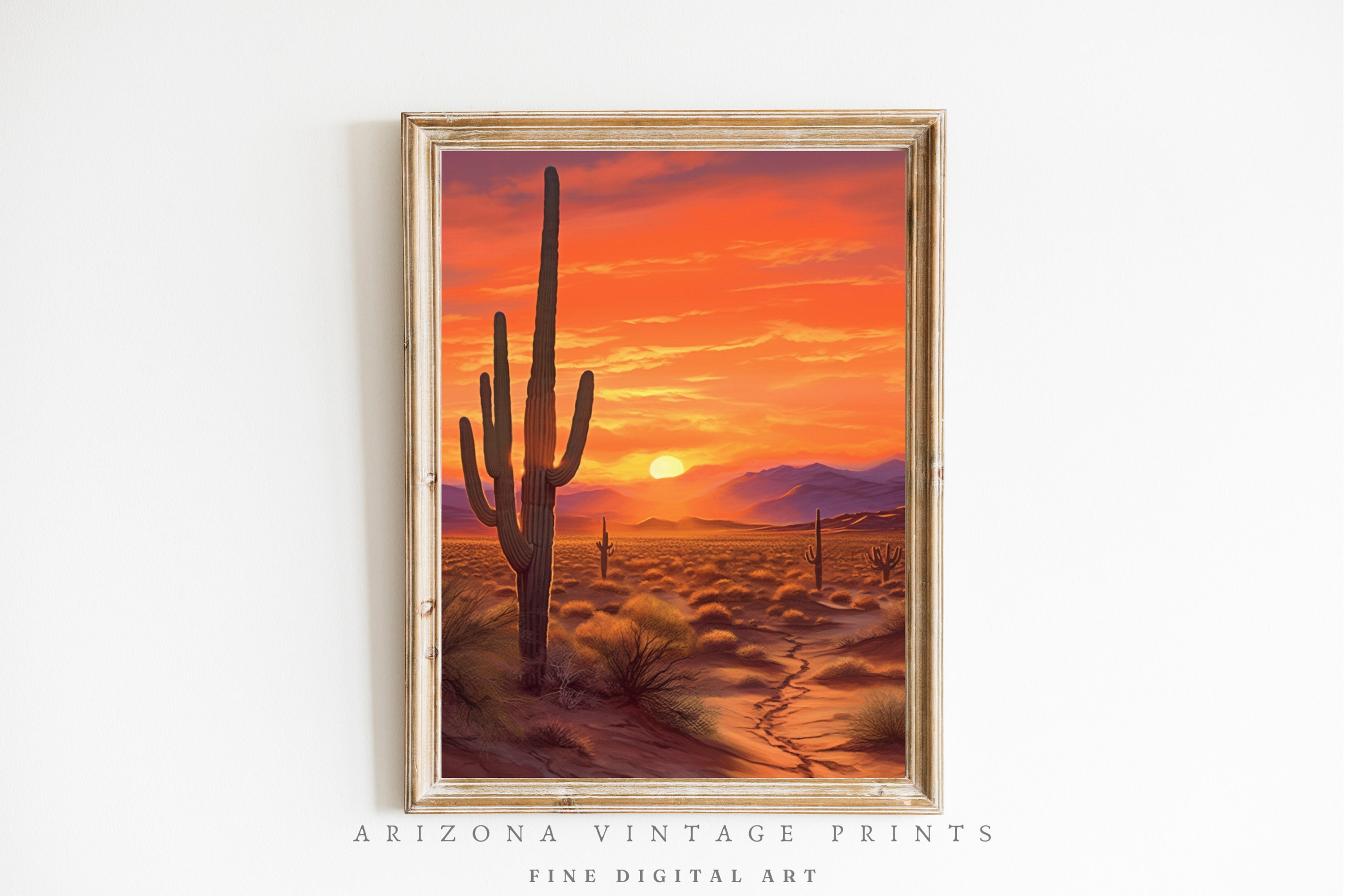 Vintage Arizona Desert Sunset Painting: Warm Color Landscape Art
