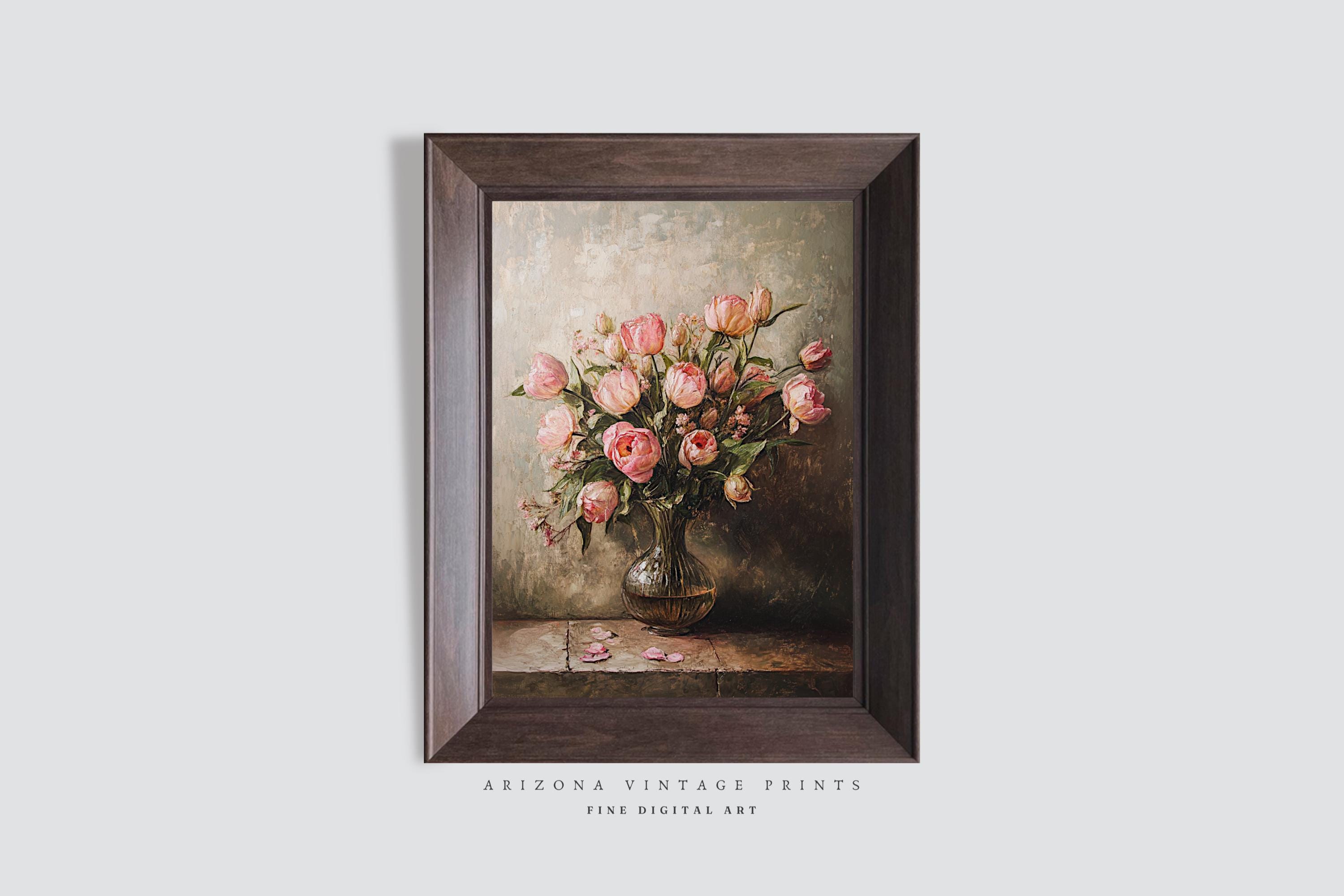 ヴィンテージローズ油絵：アンティークバロック調の花の静物画