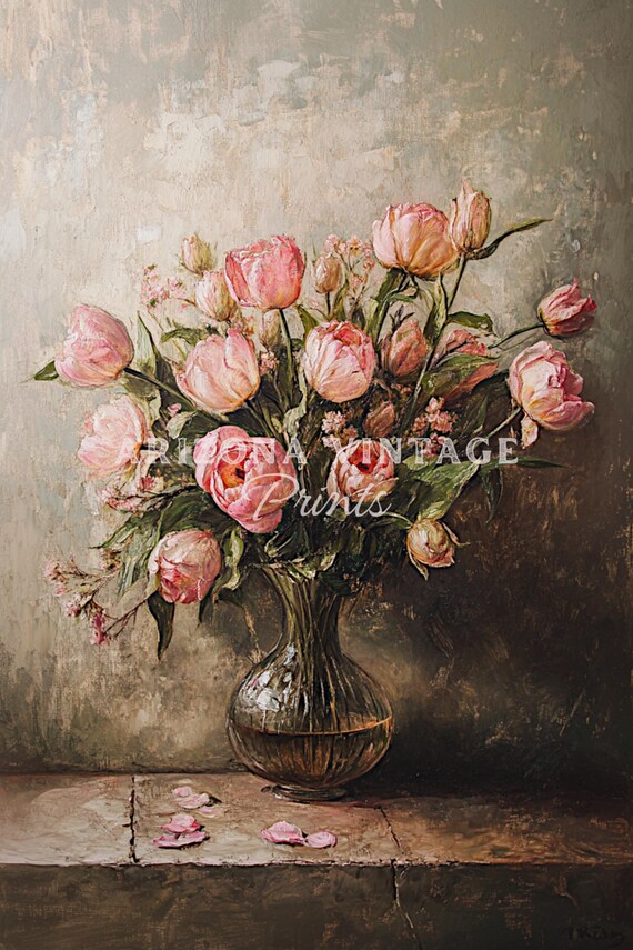 ヴィンテージローズ油絵：アンティークバロック調の花の静物画