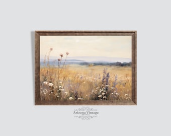 AFDRUKBAAR Vintage landlandschap met wilde bloemen en saliegras | Neutrale tinten impressionistische stijl schilderij | Digitale download - LS001