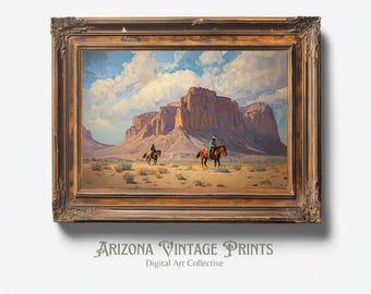 IMPRIMIBLE - Vaqueros a Caballo / Pintura al Óleo de Paisaje Desértico / Arte Vintage del Suroeste / Descarga Digital - SW070